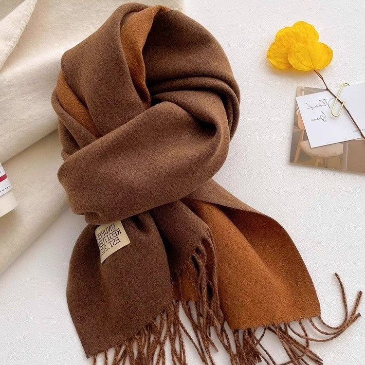 Autumn Winter Double-Sided Two-Tone Pure Cashmere Scarf Warm Fringed Shawl Versatile Solid Color Neckwear