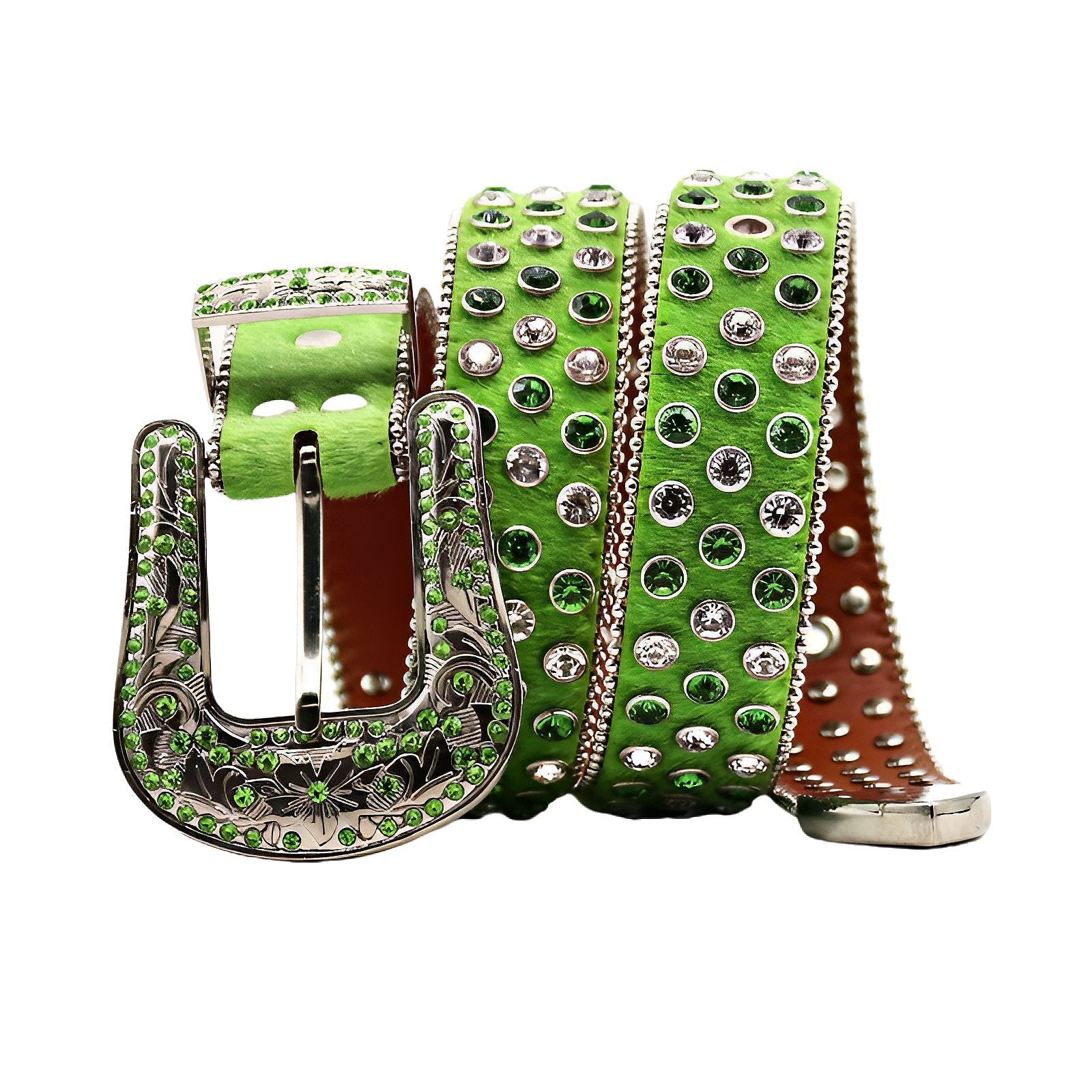 Green Rhinestone Carved Western Style Belt