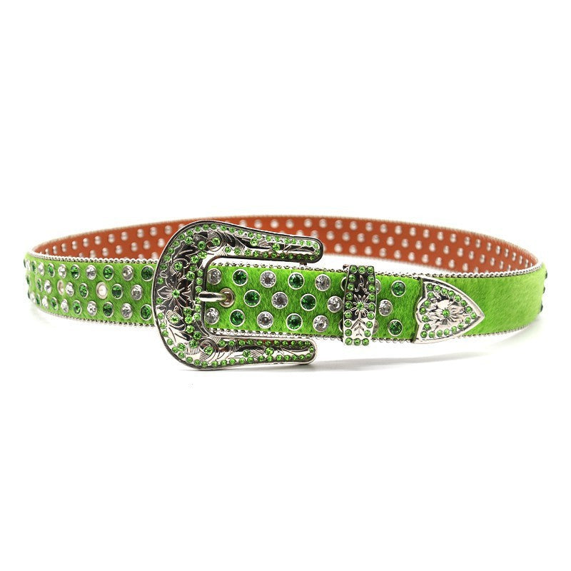 Green Rhinestone Carved Western Style Belt