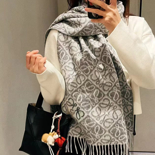 Autumn Winter Classic Logo-Jacquard Pure Cashmere Scarf Fringed Warm Shawl