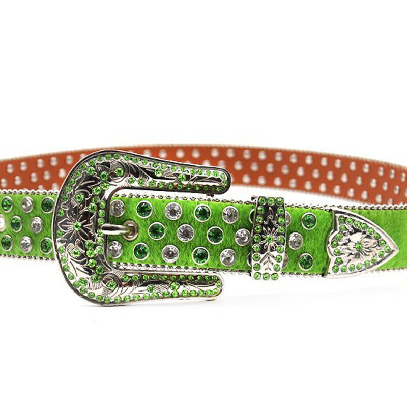 Green Rhinestone Carved Western Style Belt
