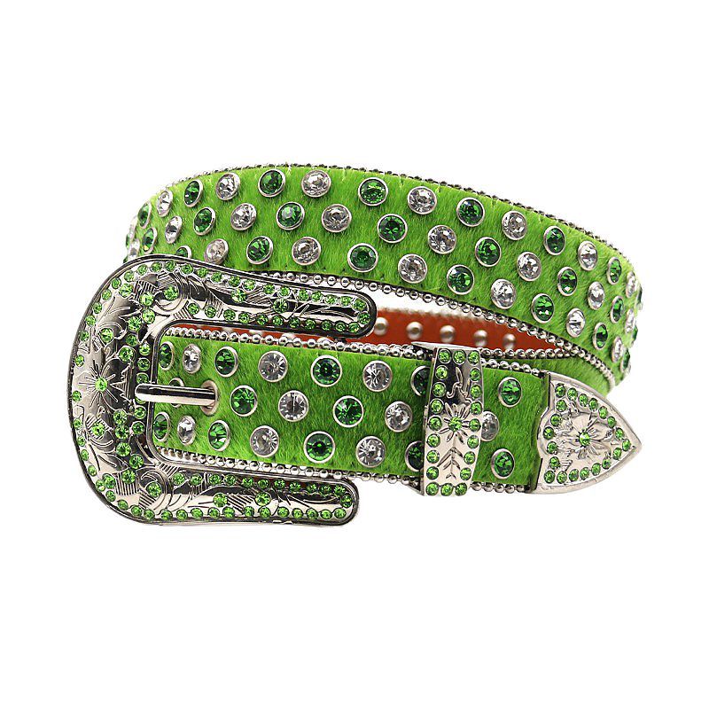 Green Rhinestone Carved Western Style Belt