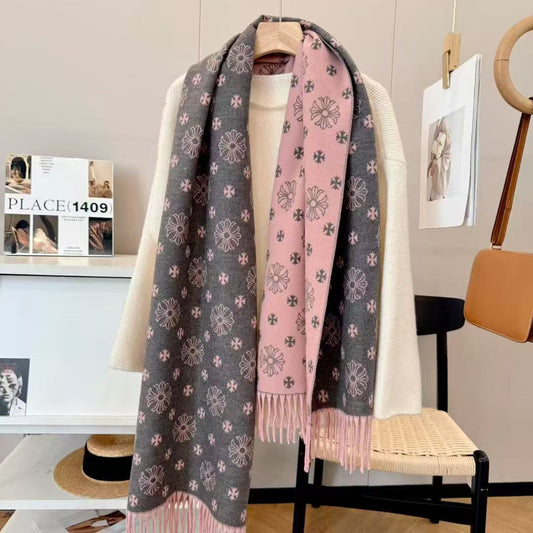 Autumn Winter Daisy-Jacquard Double-Sided Scarf Cross-Decorated Fringed Shawl