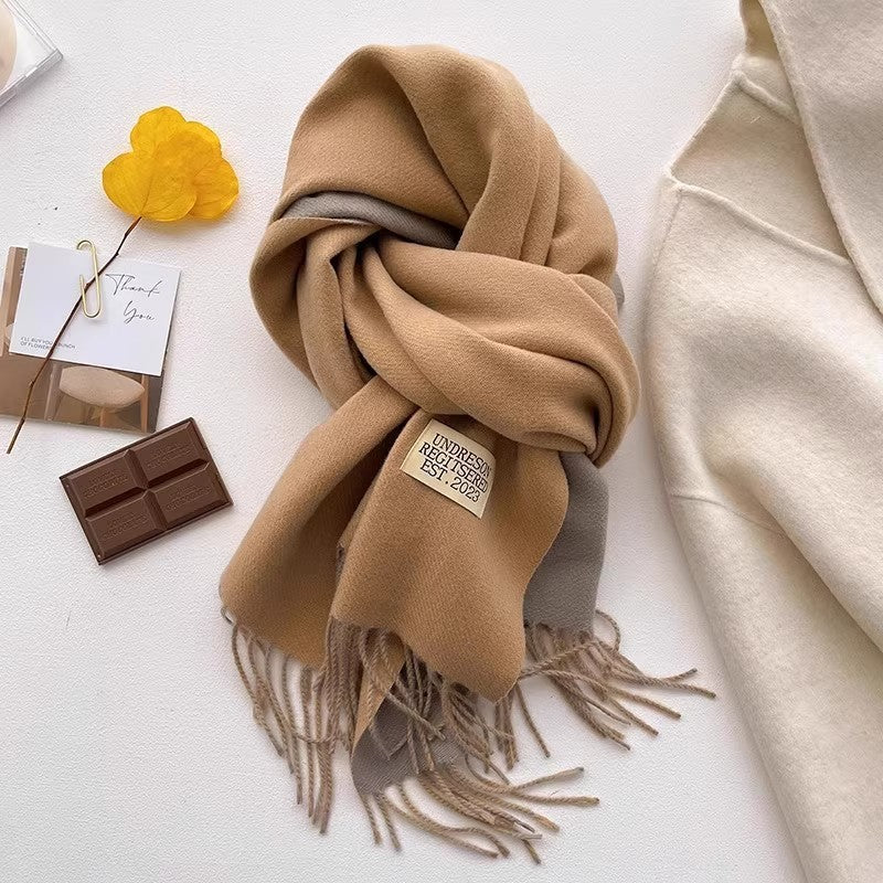 Autumn Winter Double-Sided Two-Tone Pure Cashmere Scarf Warm Fringed Shawl Versatile Solid Color Neckwear