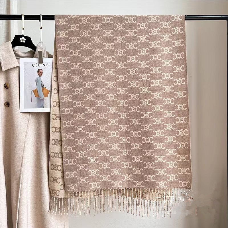 Autumn Winter Double-C Jacquard Scarf Double-Sided Two-Tone Fringed Shawl