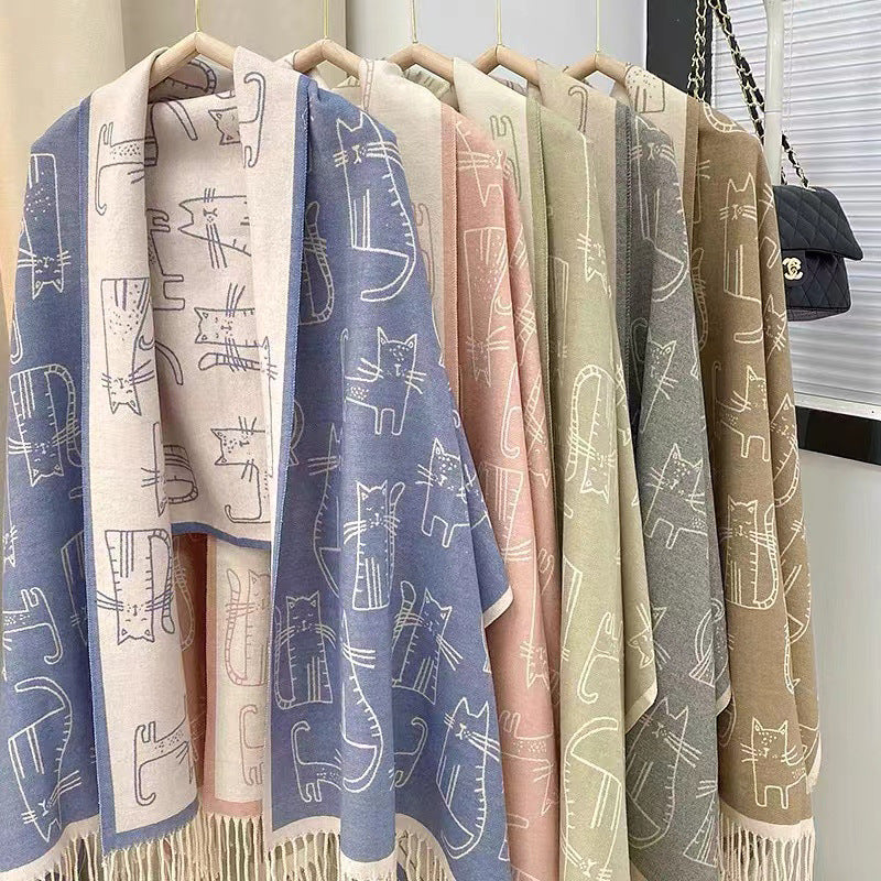 Autumn Winter Hand-Drawn Cat Jacquard Scarf Double-Sided Fringed Shawl