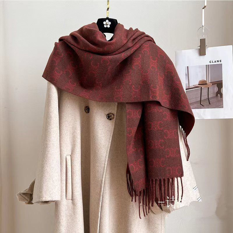 Autumn Winter Double-C Jacquard Scarf Double-Sided Two-Tone Fringed Shawl