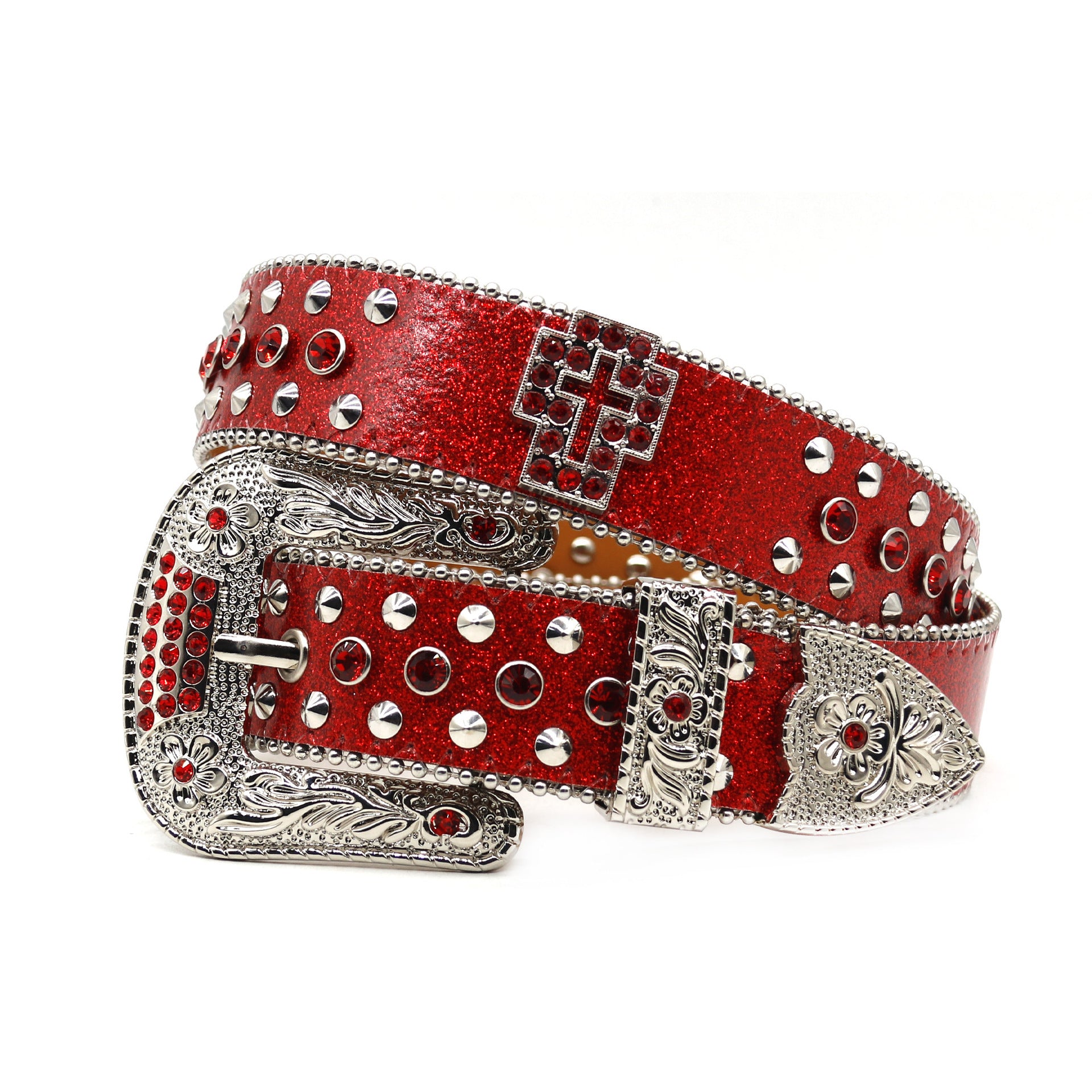 Western Style Rhinestone Cross Carved Multi-Color Belt