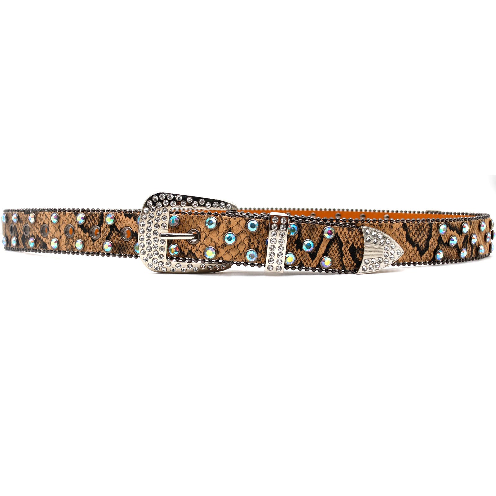 Snake Print Rhinestone Cross Carved Western Style Belt