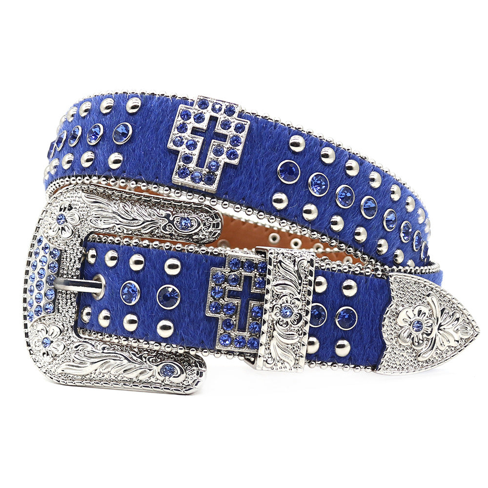 Western Style Leopard Print Rhinestone Cross Carved Belt