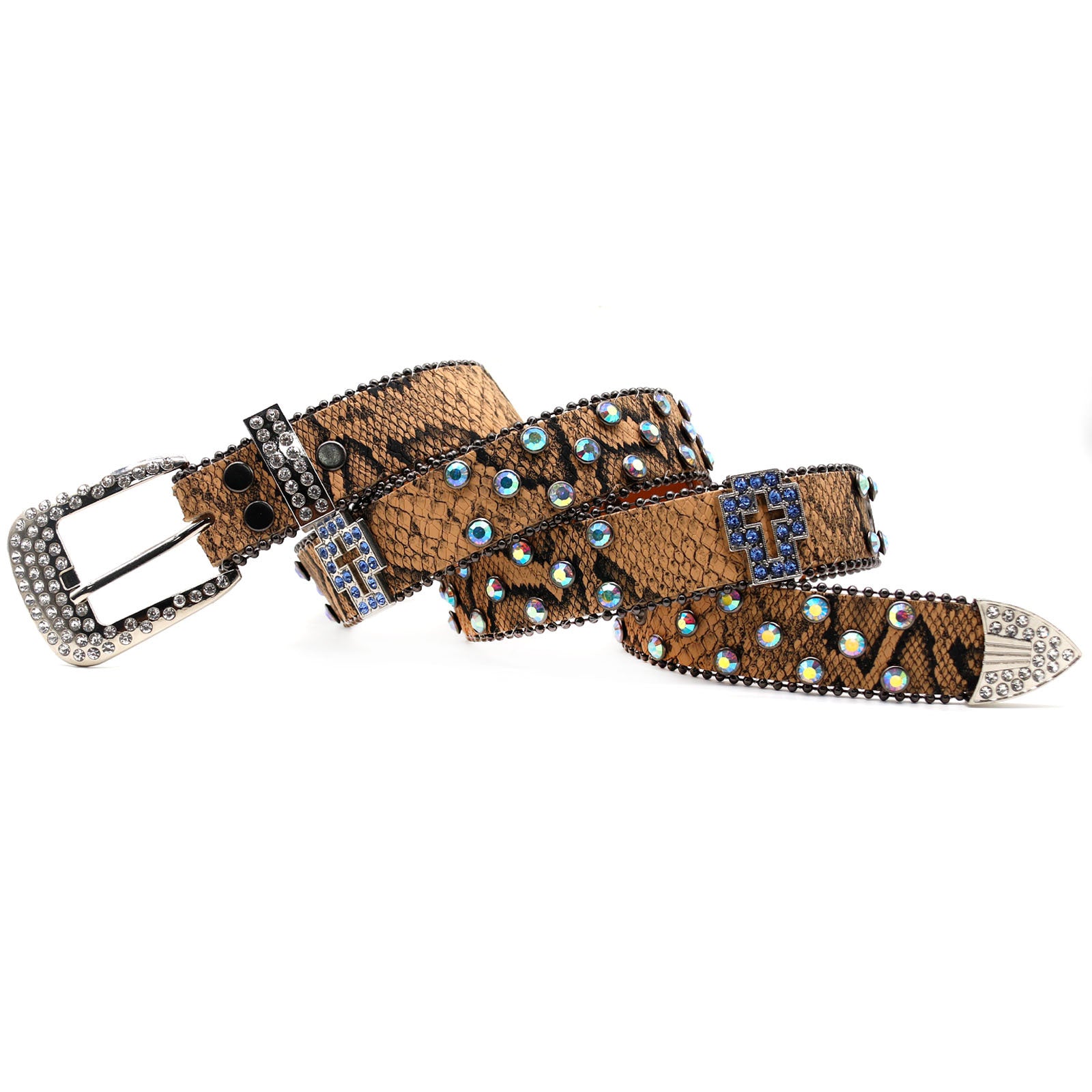 Snake Print Rhinestone Cross Carved Western Style Belt