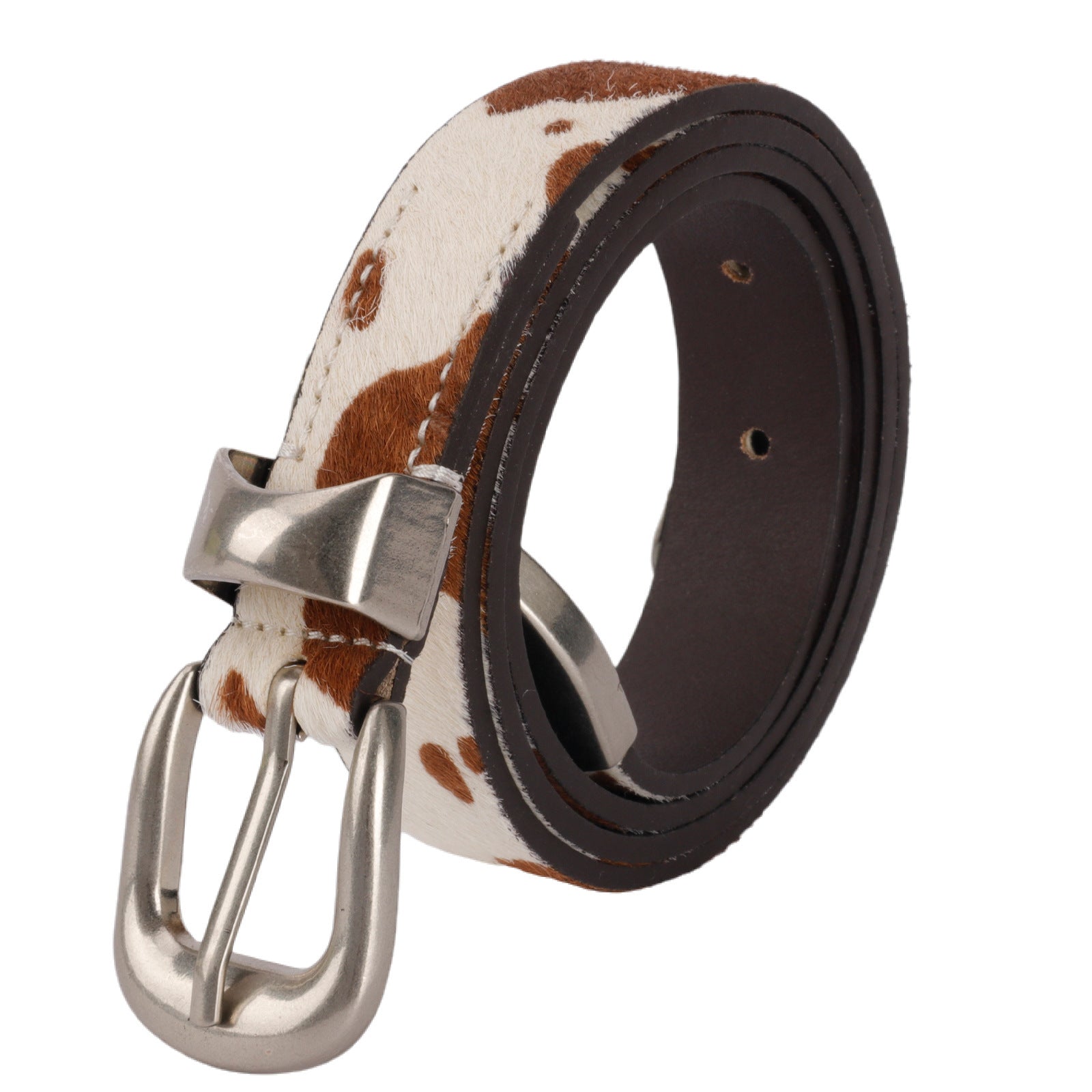 Vintage Cow Print Belt with Metal Buckle