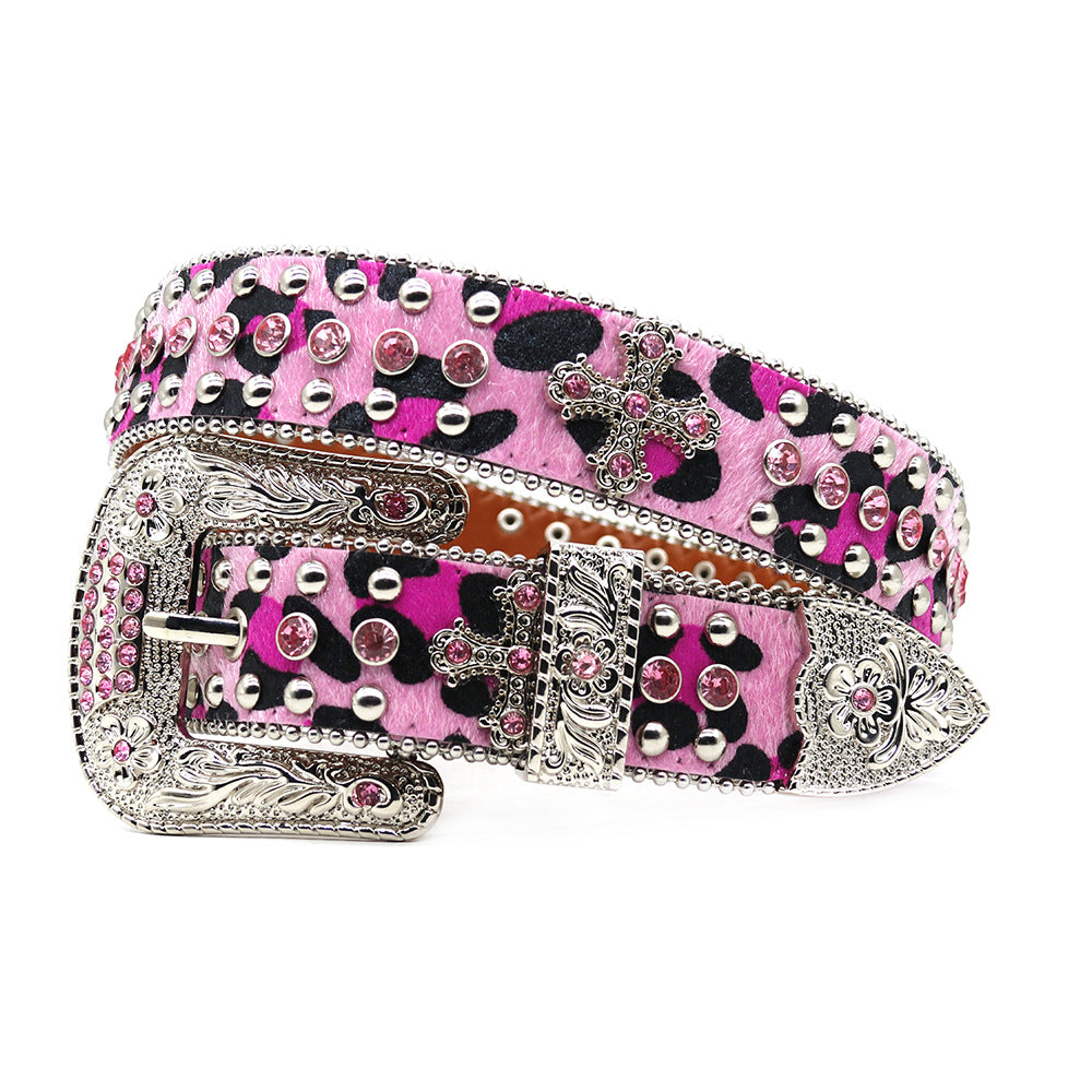 Western Style Leopard Print Rhinestone Cross Carved Belt