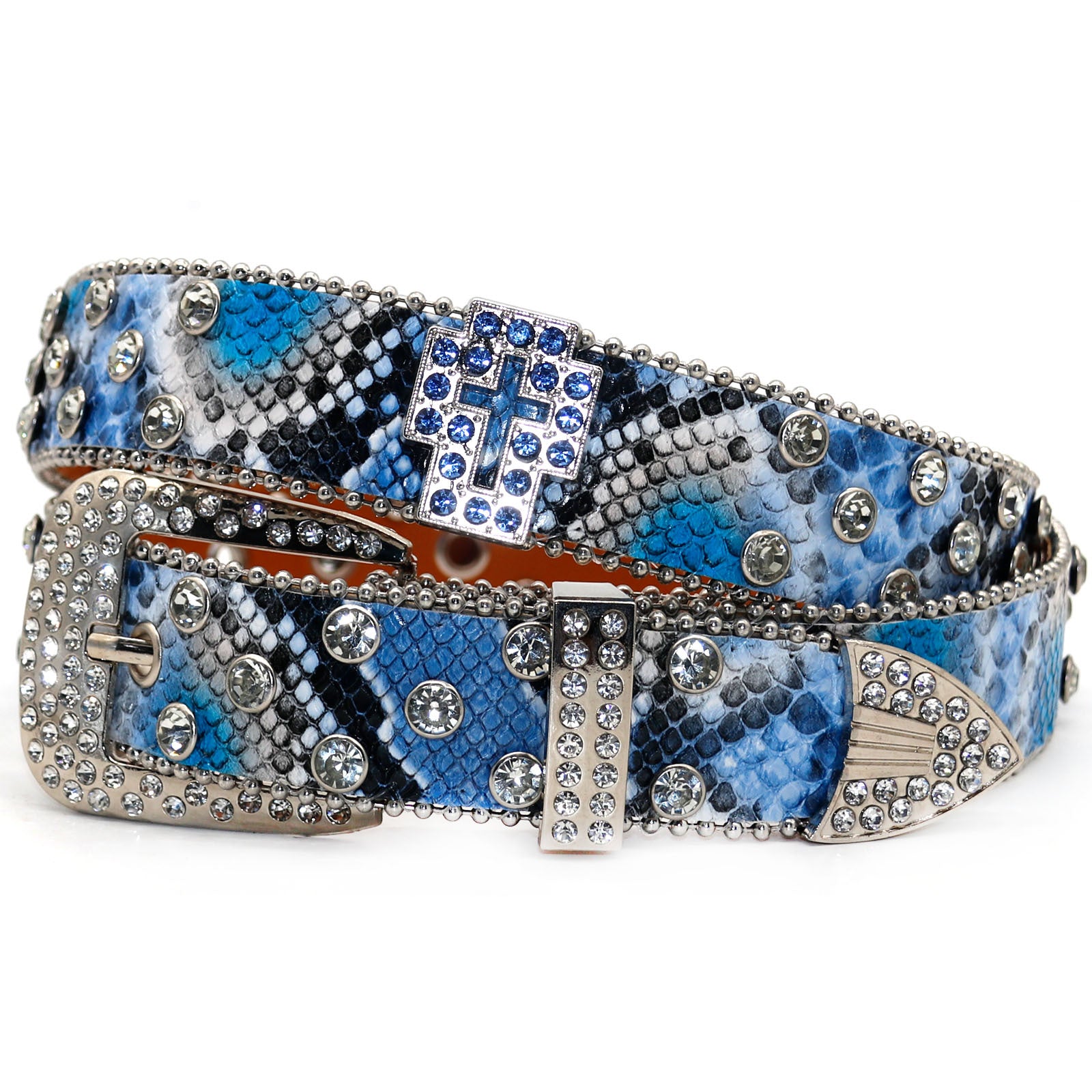 Snake Print Rhinestone Cross Carved Western Style Belt