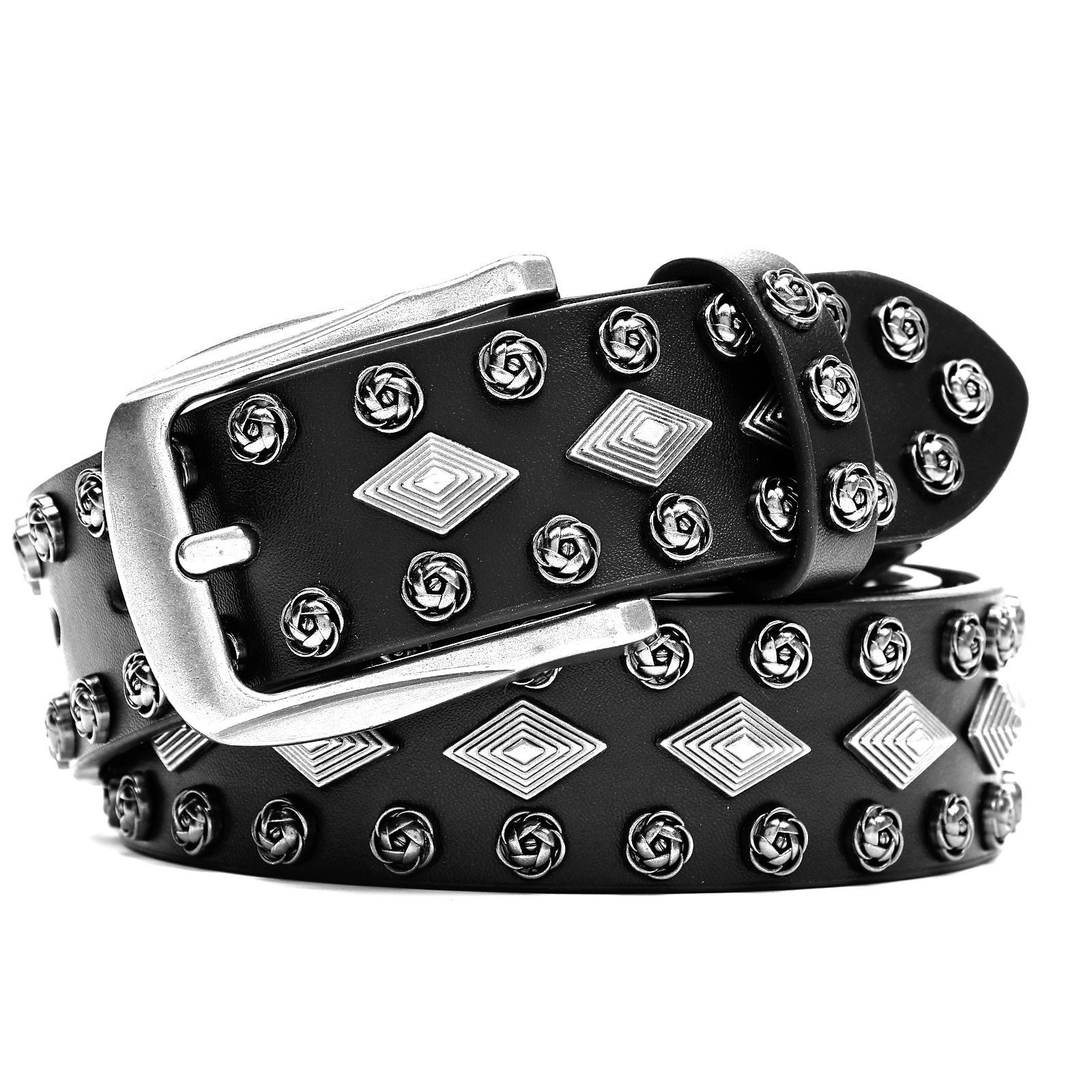 Punk Style Black Belt with Rose & Diamond Studs