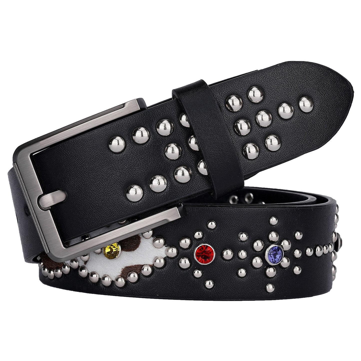 Colorful Rhinestone Rivet Punk Style Black Belt