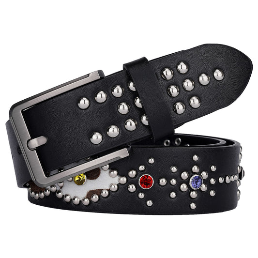 Colorful Rhinestone Rivet Punk Style Black Belt