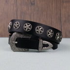 Western Style Star Stud Carved Metal Buckle Black Belt