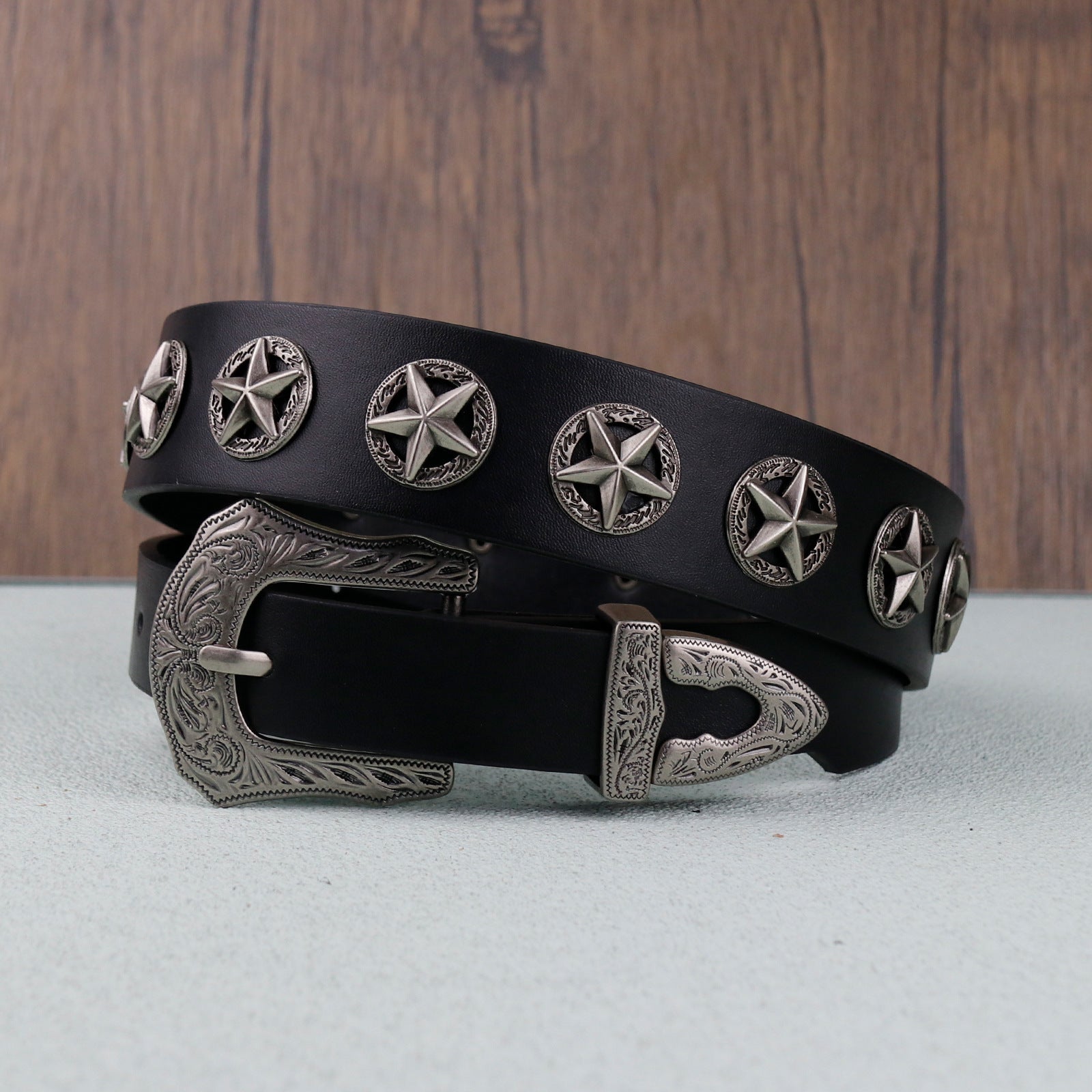Western Style Star Stud Carved Metal Buckle Black Belt