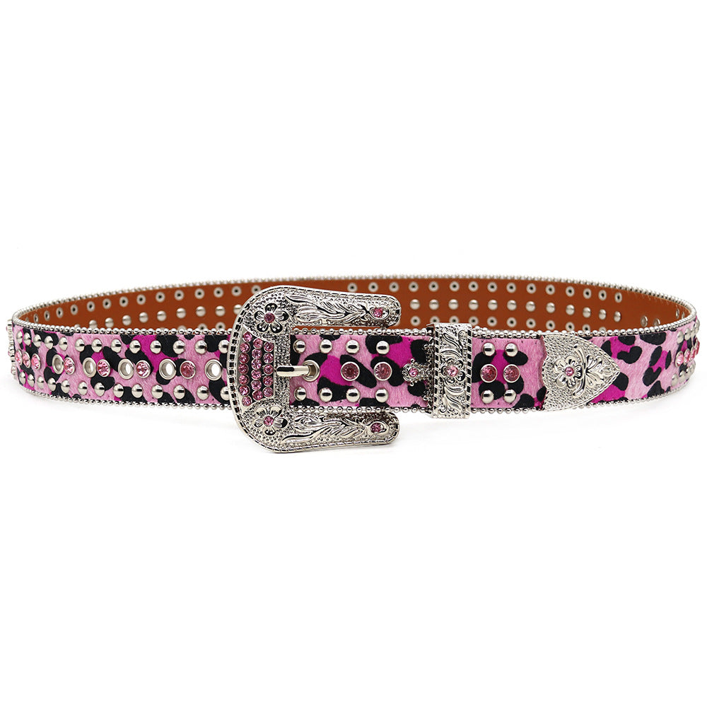Western Style Leopard Print Rhinestone Cross Carved Belt
