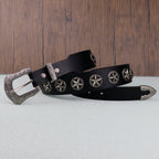 Western Style Star Stud Carved Metal Buckle Black Belt