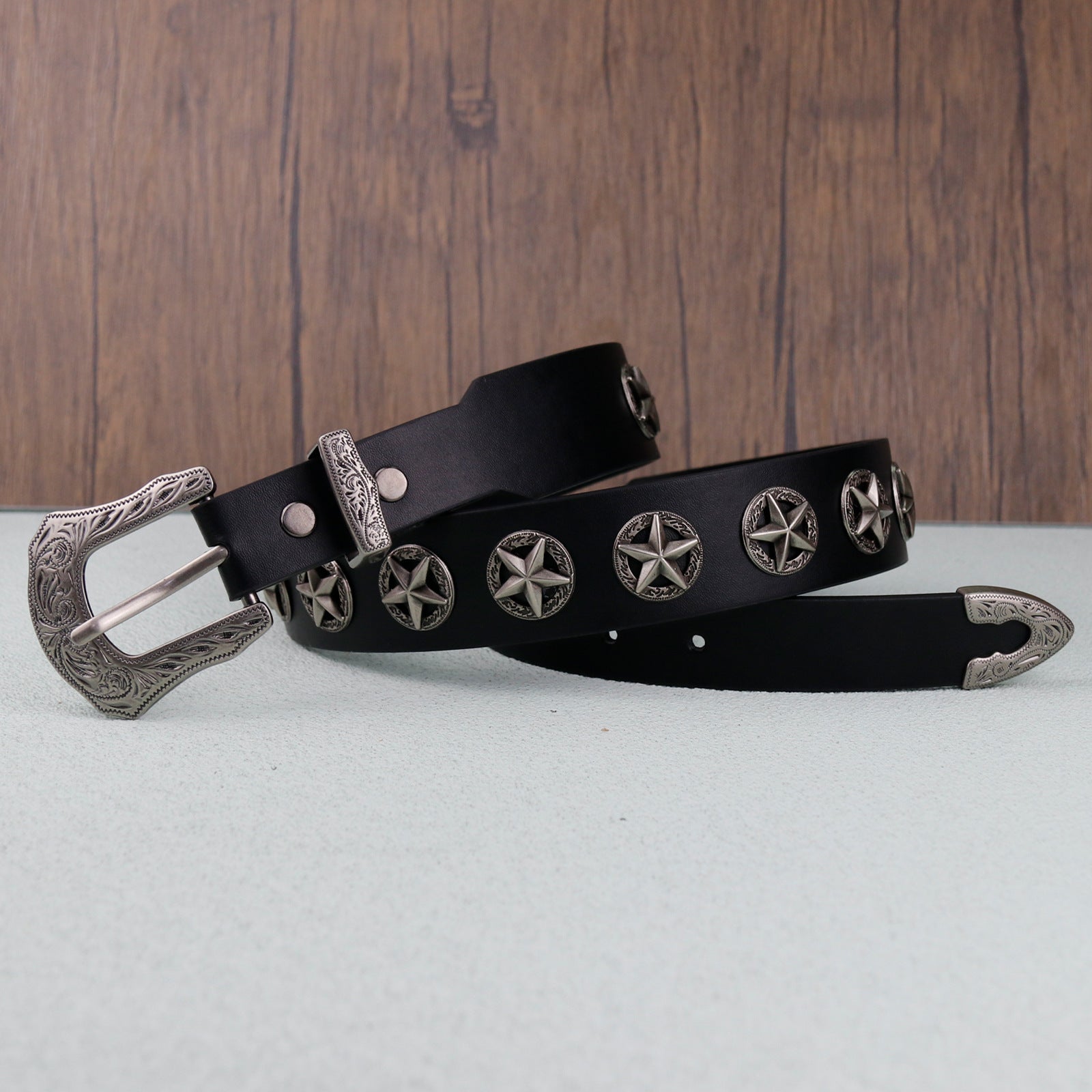 Western Style Star Stud Carved Metal Buckle Black Belt