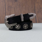 Western Style Star Stud Carved Metal Buckle Black Belt