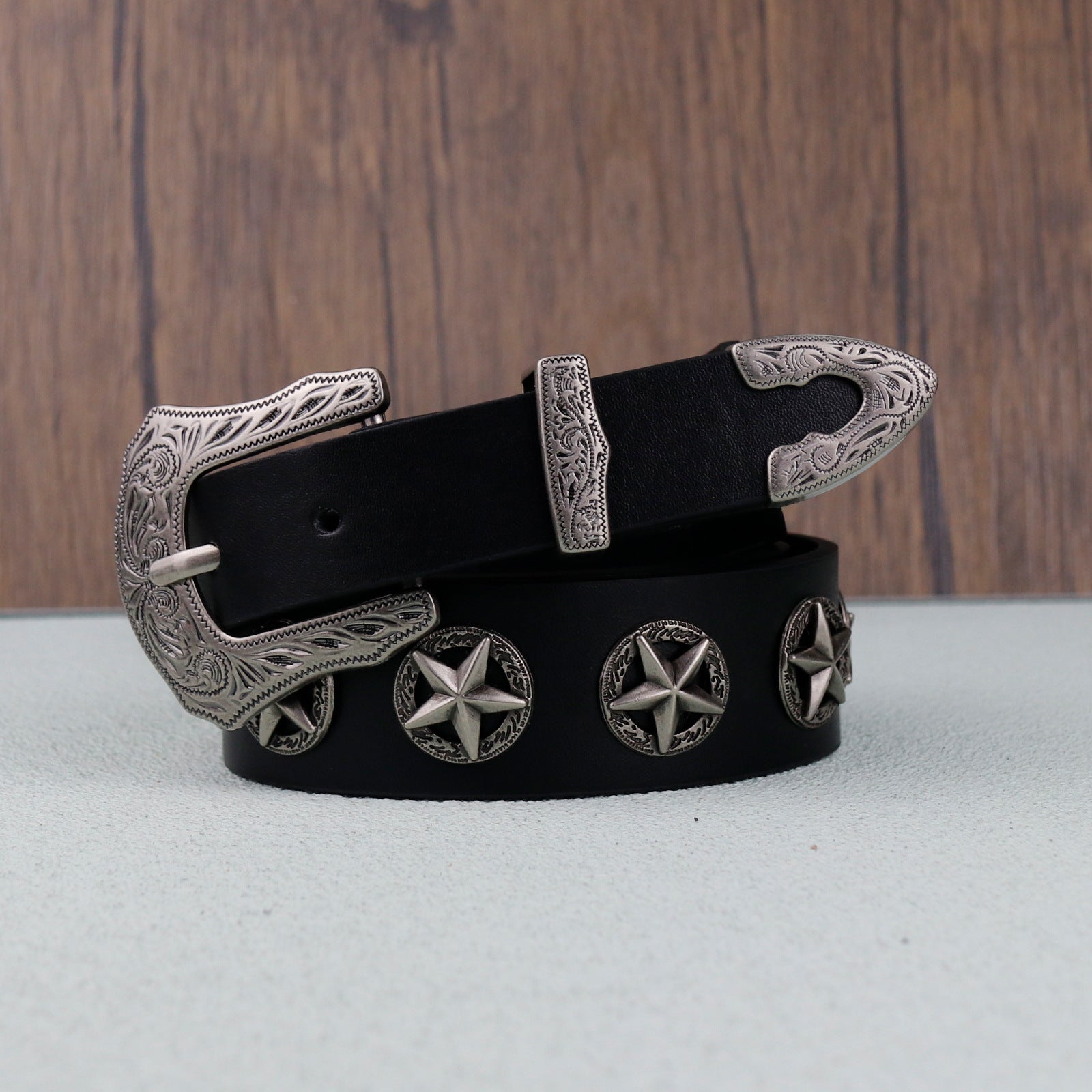 Western Style Star Stud Carved Metal Buckle Black Belt