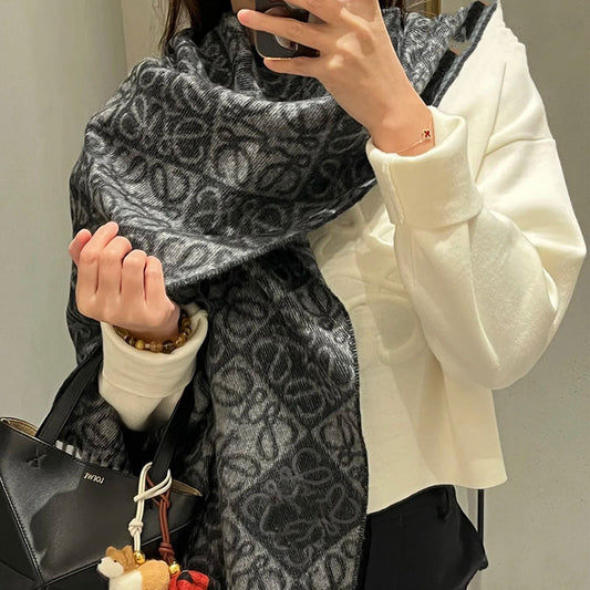 Autumn Winter Classic Logo-Jacquard Pure Cashmere Scarf Fringed Warm Shawl