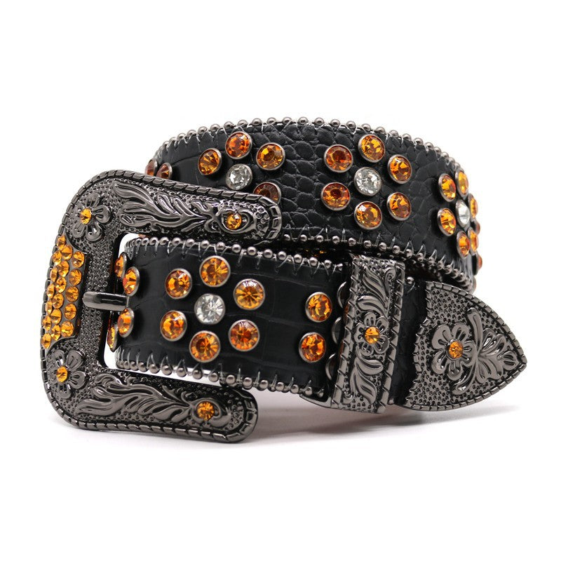 Western Style Carved Rhinestone Stud Black Belt