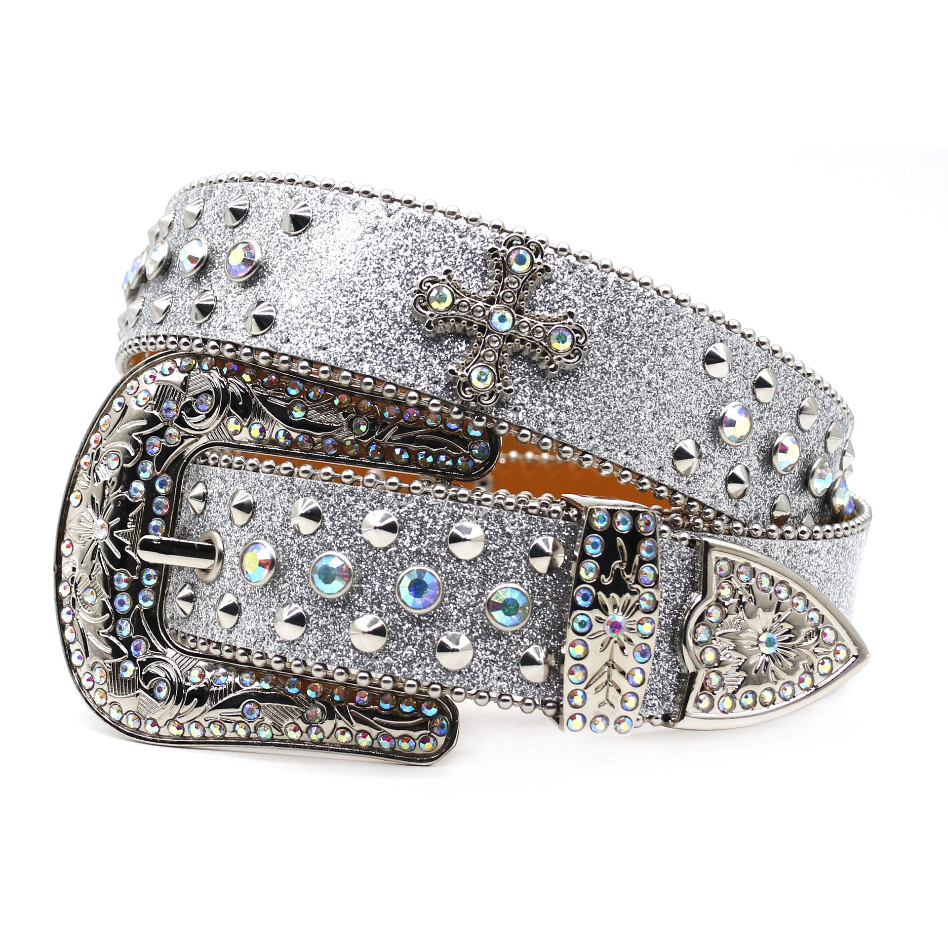 Western Style Rhinestone Cross Carved Multi-Color Belt