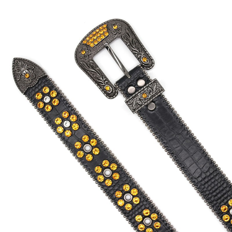 Western Style Carved Rhinestone Stud Black Belt