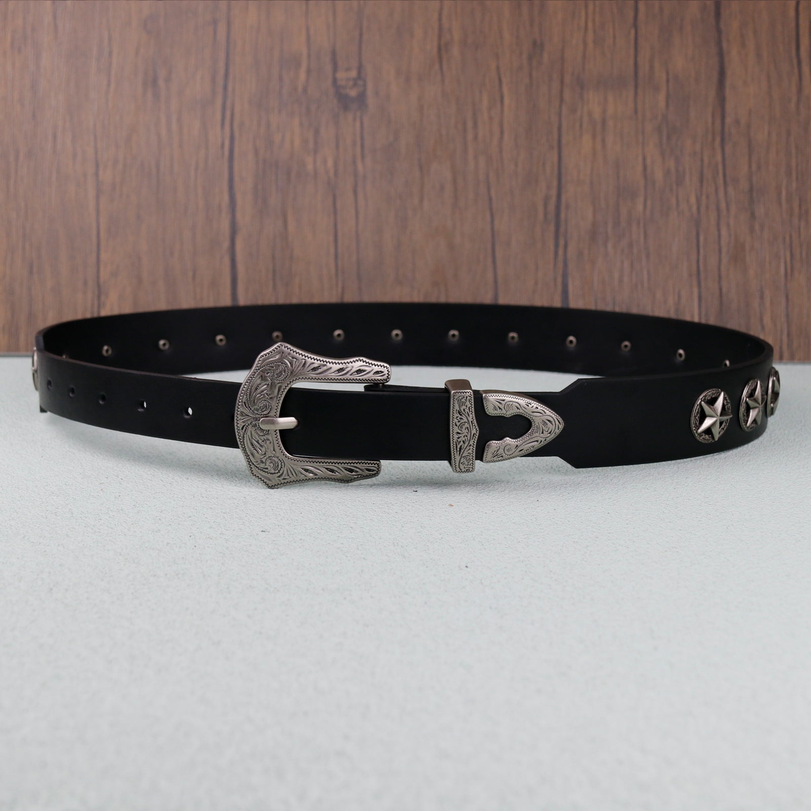 Western Style Star Stud Carved Metal Buckle Black Belt