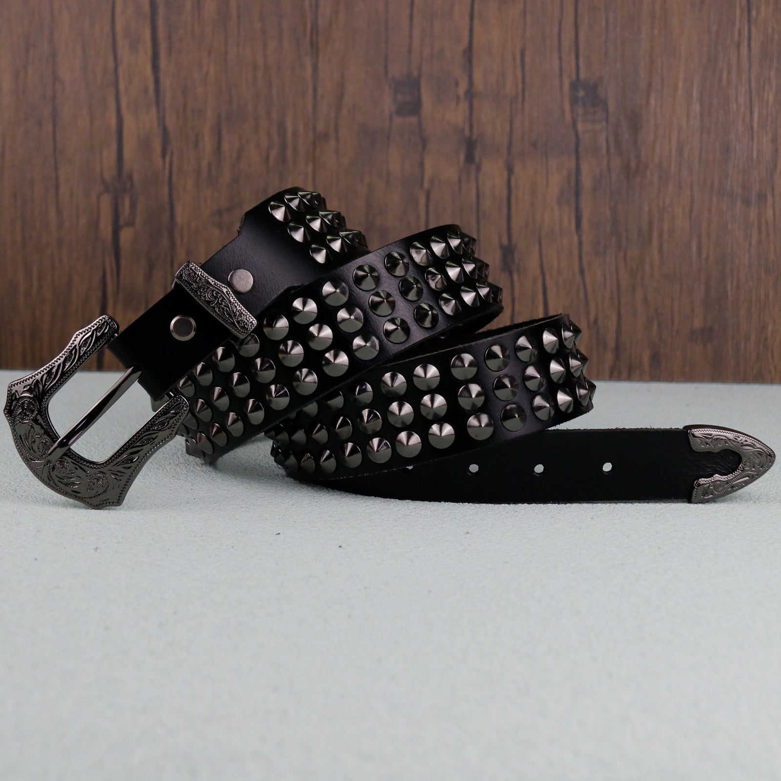 Punk Style Studded Carved Buckle Black Belt
