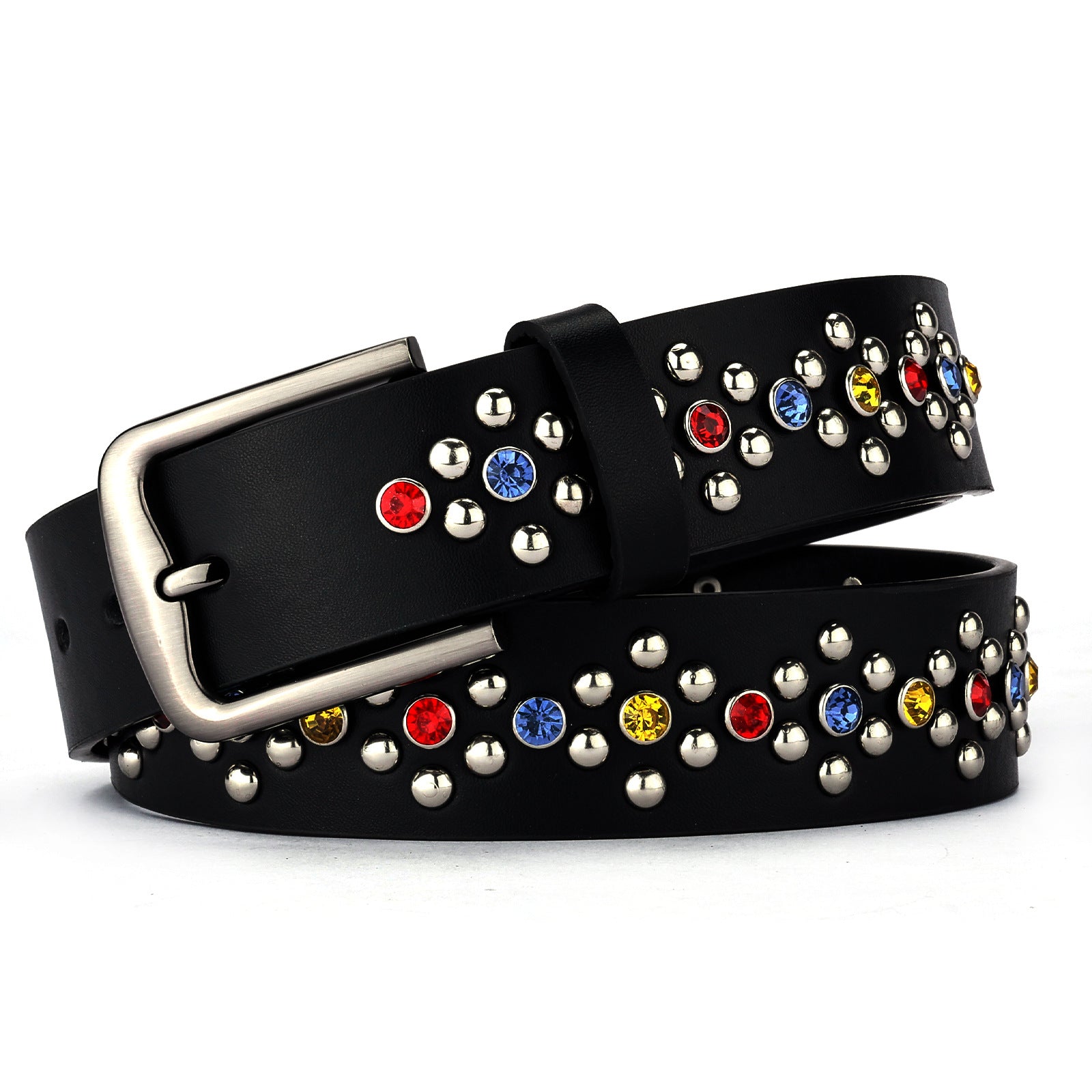 Colorful Rhinestone Rivet Punk Style Black Women's Belt