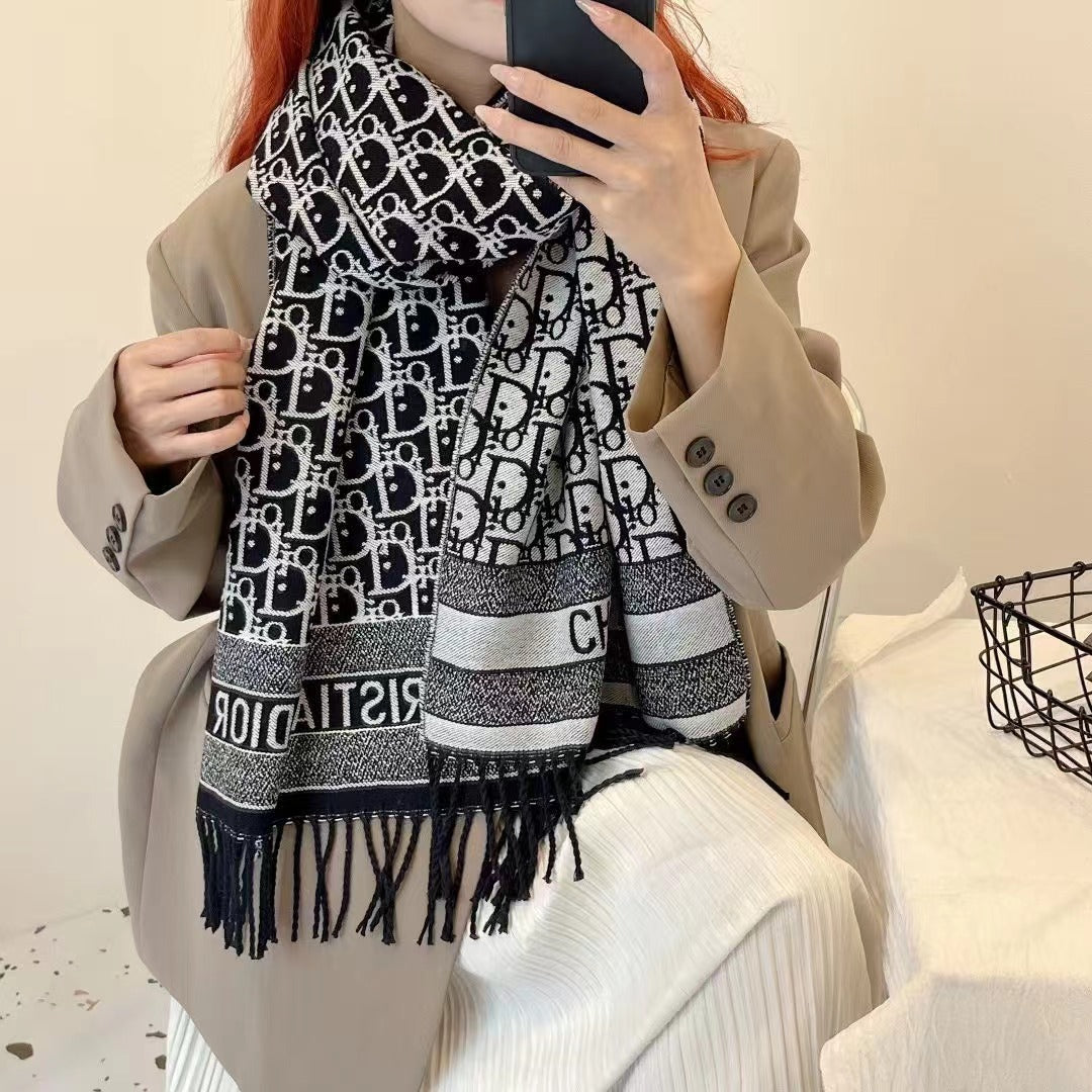 Autumn Winter Letter-Jacquard Scarf Double-Sided Fringed Shawl