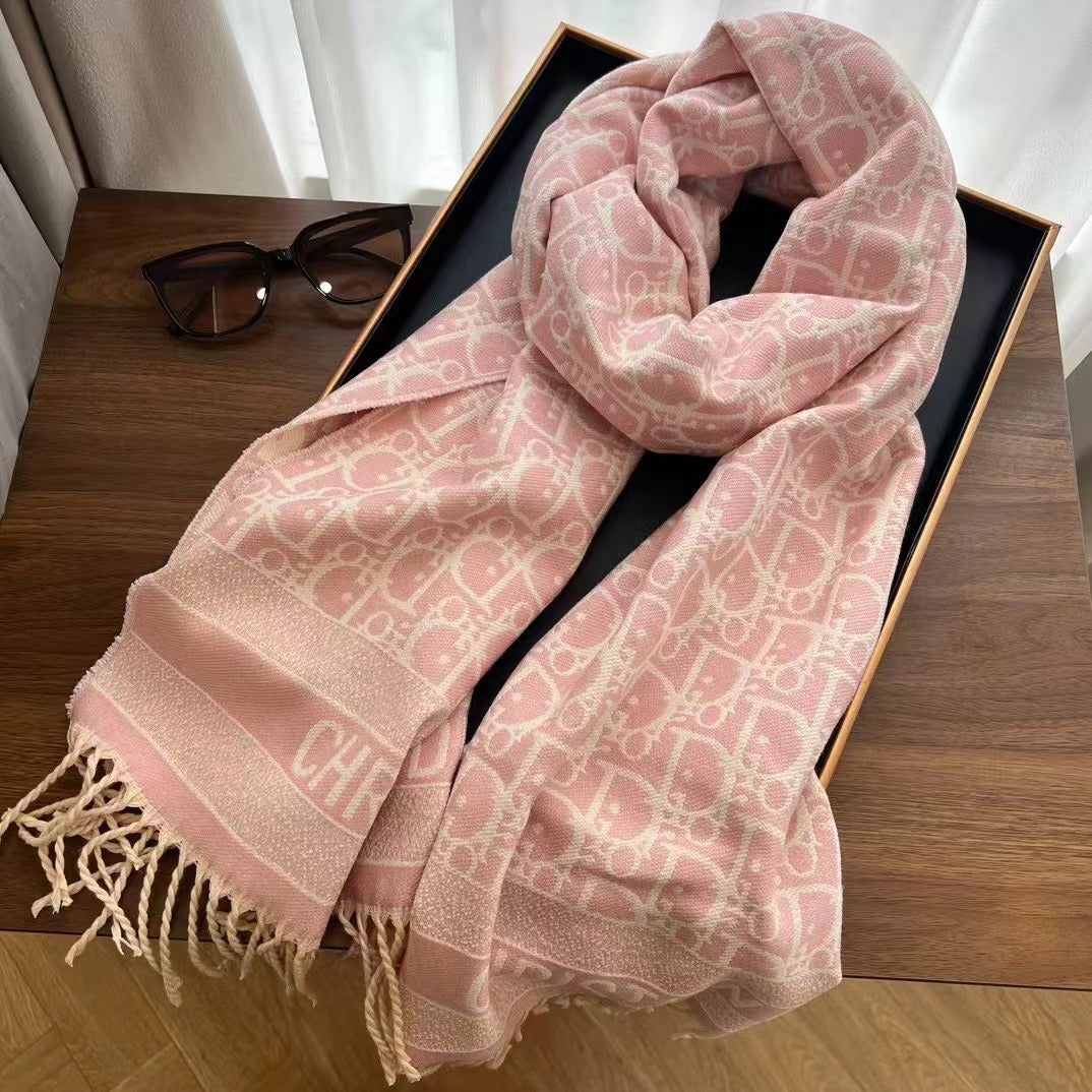 Autumn Winter Letter-Jacquard Scarf Double-Sided Fringed Shawl