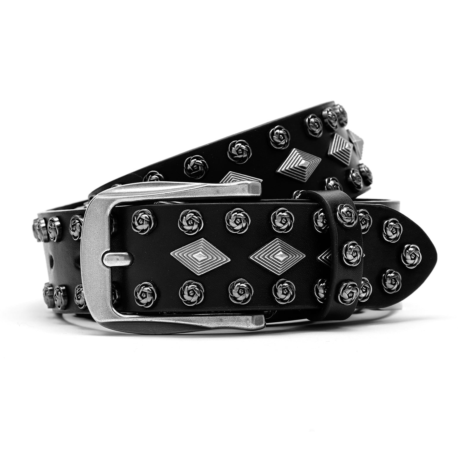 Punk Style Black Belt with Rose & Diamond Studs