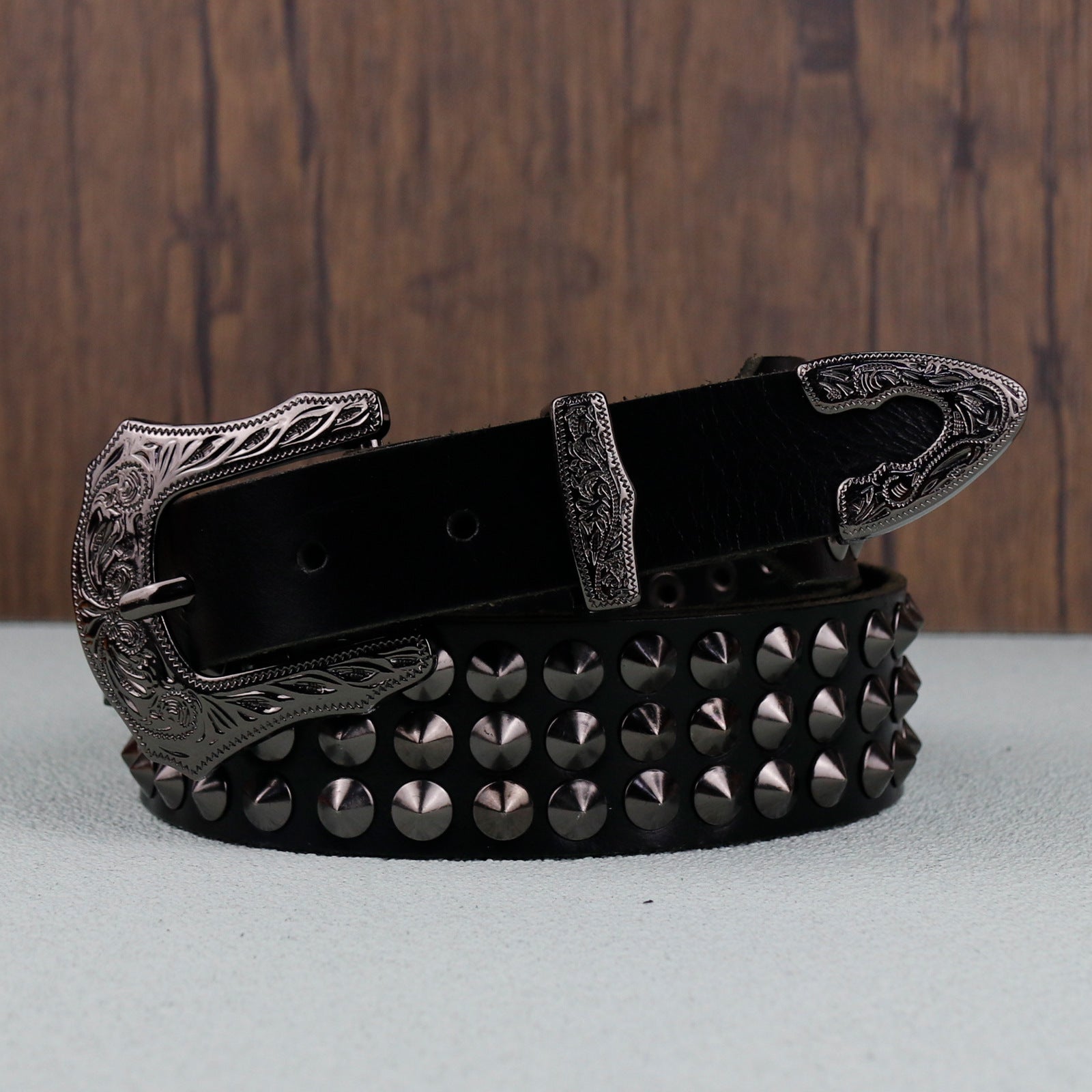 Punk Style Studded Carved Buckle Black Belt