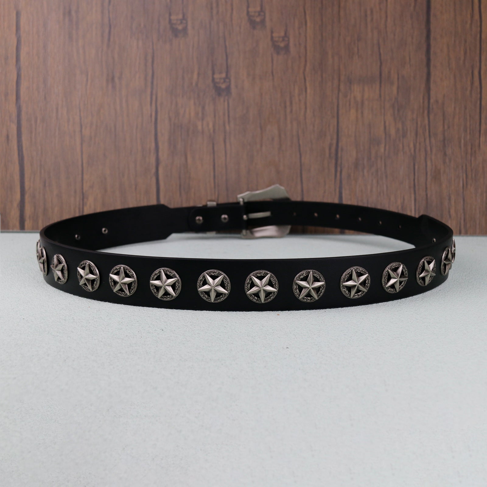 Western Style Star Stud Carved Metal Buckle Black Belt