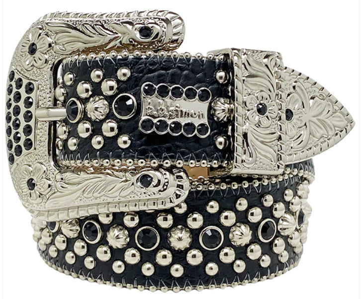 Western Style Carved Rhinestone Stud Black Belt