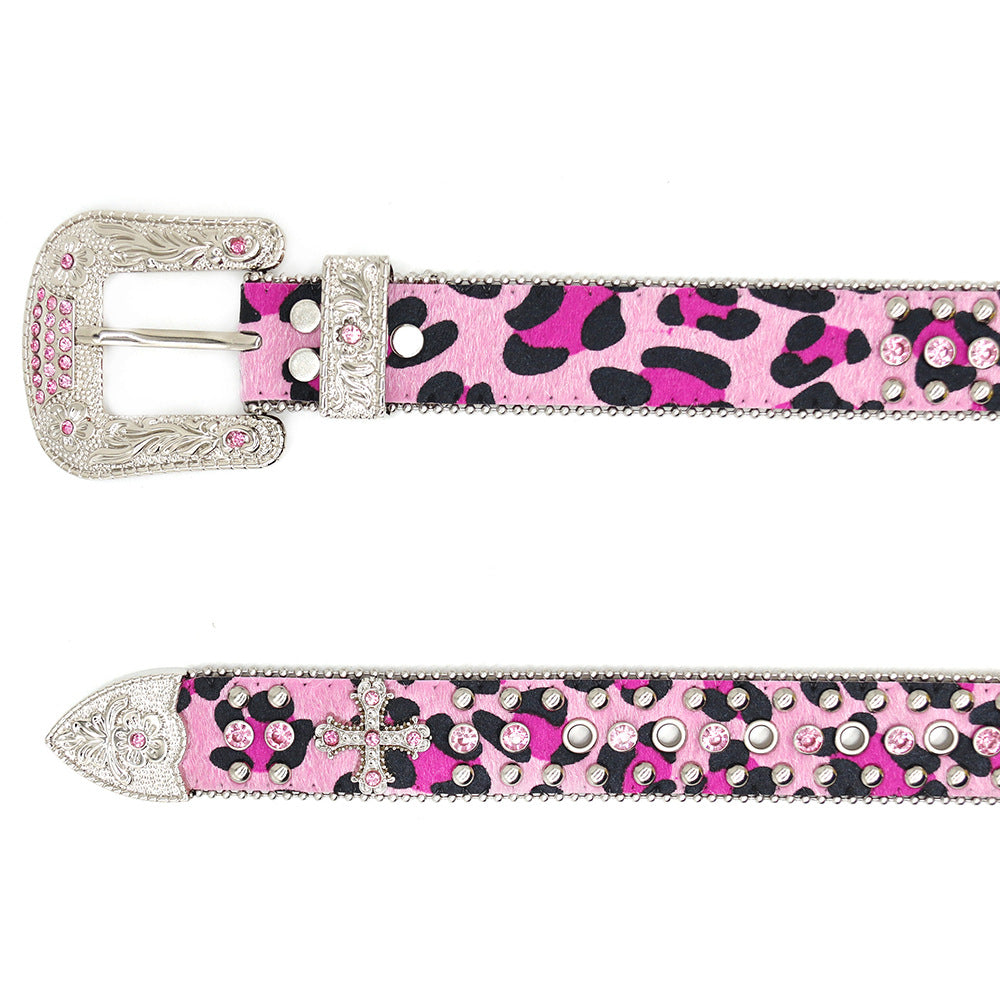 Western Style Leopard Print Rhinestone Cross Carved Belt