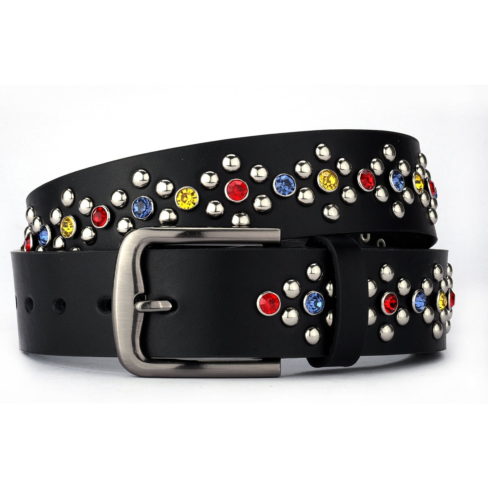 Colorful Rhinestone Rivet Punk Style Black Women's Belt