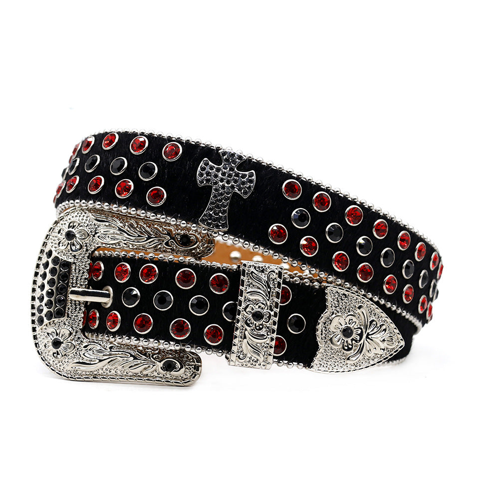 Western Style Leopard Print Rhinestone Cross Carved Belt