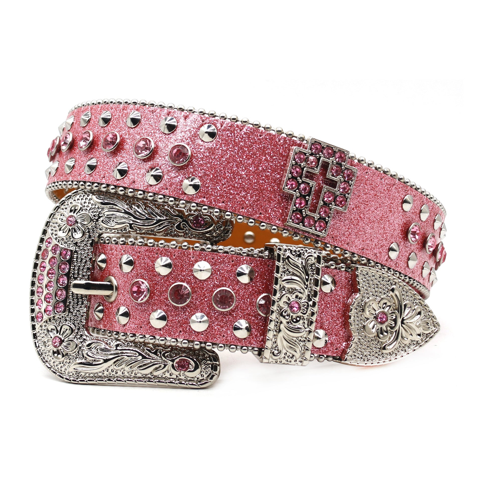 Western Style Rhinestone Cross Carved Multi-Color Belt