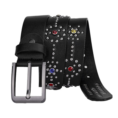 Colorful Rhinestone Rivet Punk Style Black Belt
