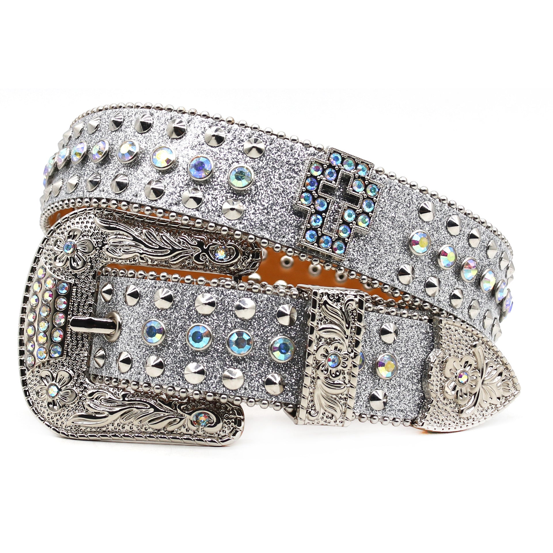 Western Style Rhinestone Cross Carved Multi-Color Belt