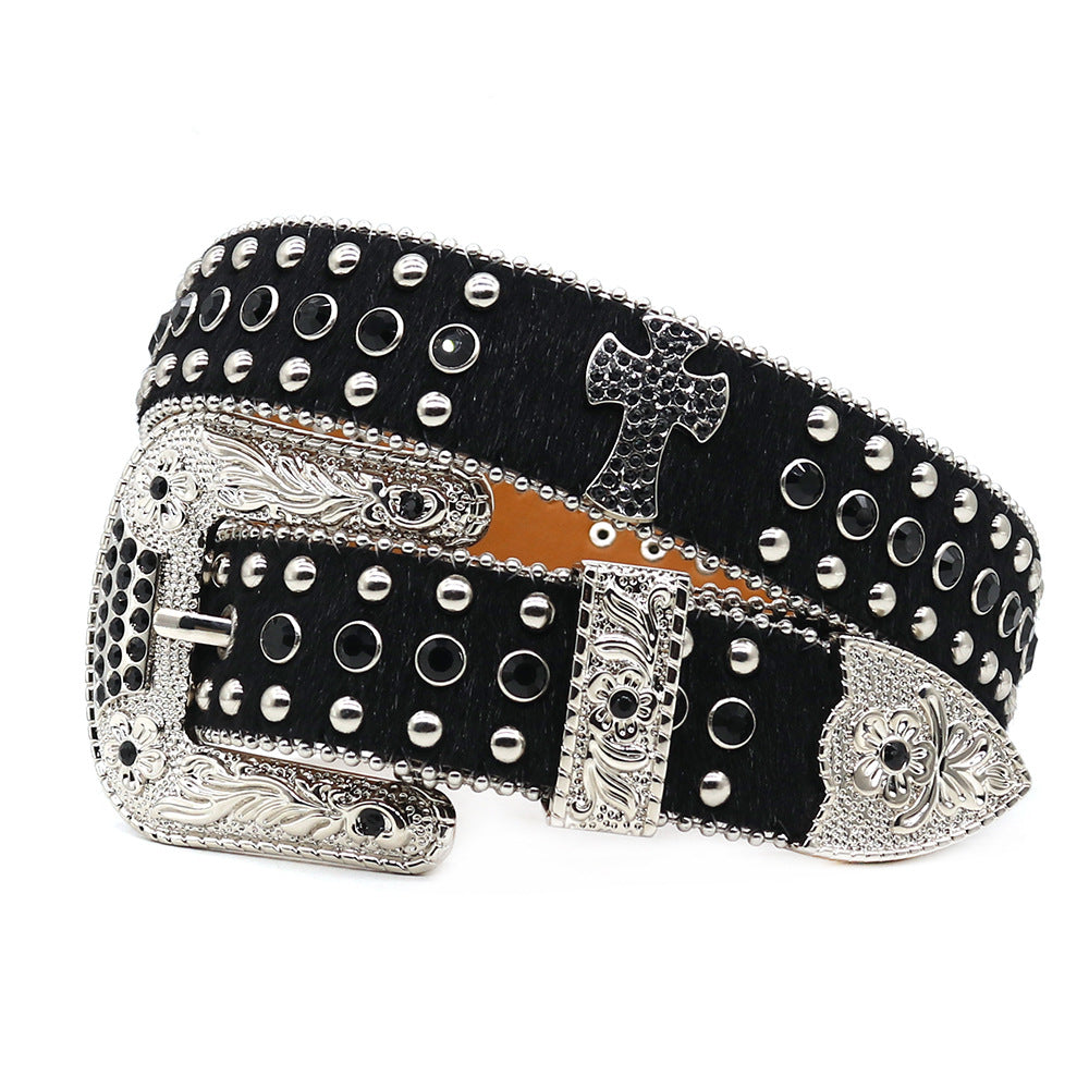 Western Style Leopard Print Rhinestone Cross Carved Belt