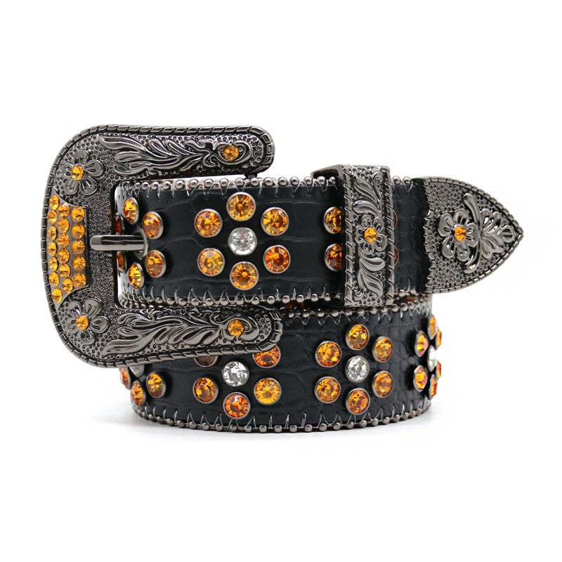 Western Style Carved Rhinestone Stud Black Belt
