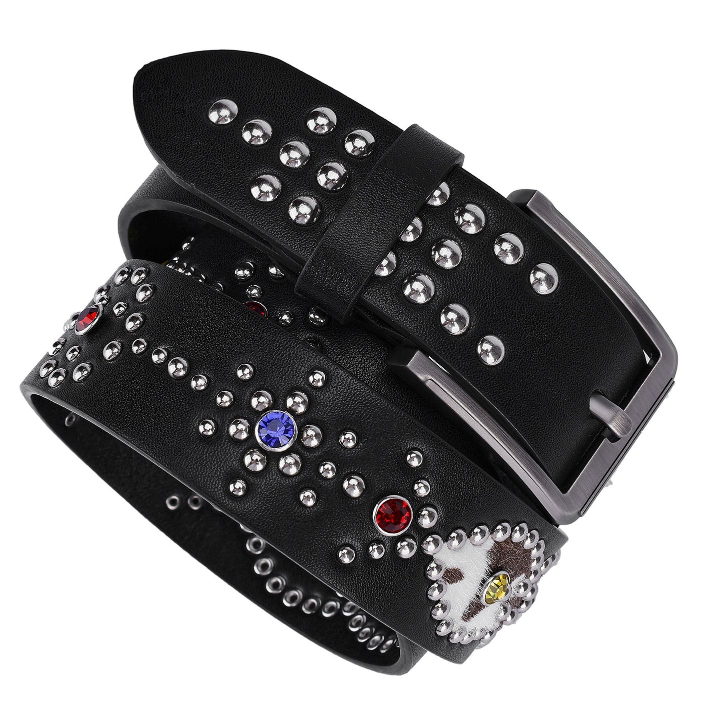 Colorful Rhinestone Rivet Punk Style Black Belt